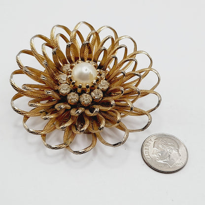 Vintage 1950s Gold Tone Floral Brooch, Faux Pearl Rhinestone Center, Mid-Century Jewelry