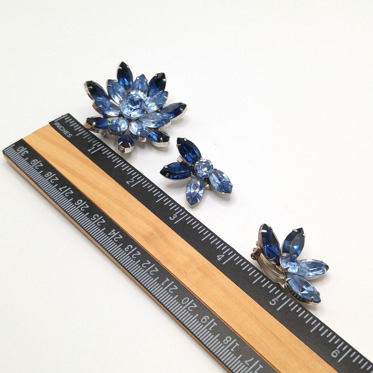Kramer Blue Rhinestone Brooch Earrings Set, Light Dark Blue, Rhodium Plated, 1960s Vintage Jewelry