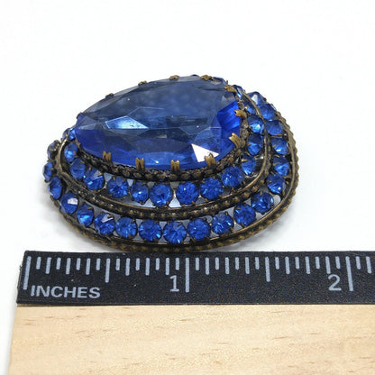Czech Blue Glass & Rhinestone Dress Clip, 1940 Vintage Jewelry