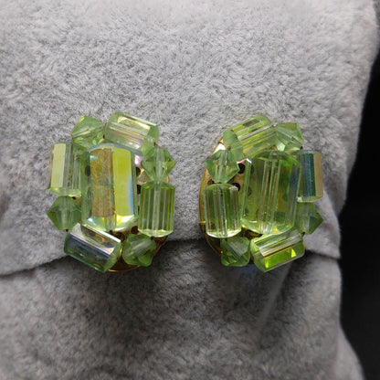 Green AB Barrel Crystal Necklace & Earrings, Austrian Crystal Beads, 1960s Vintage Jewelry