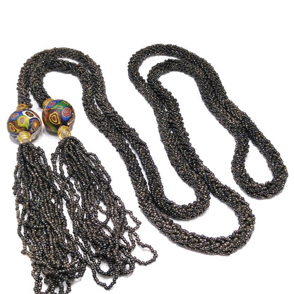Vintage Art Deco Murano Millefiori Seed Bead Lariat Flapper Necklace, 1920s