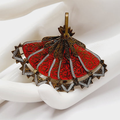 Vintage Spanish Damascene Articulated Fan Brooch Pin Pendant - Signed SPAIN - Black Gold Inlay Jewelry
