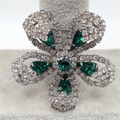 Kramer Floral Brooch, Emerald Green Rhinestones, Rhodium Plated 1960s Vintage Jewelry