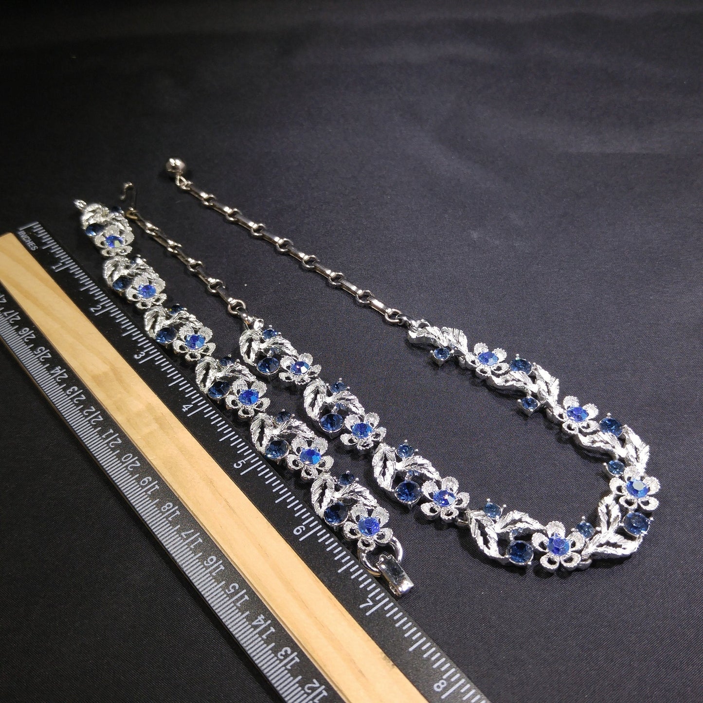 Lisner Blue Necklace & Bracelet Set, Rhodium Plated, Aurora Borealis, 1960s Vintage Jewelry