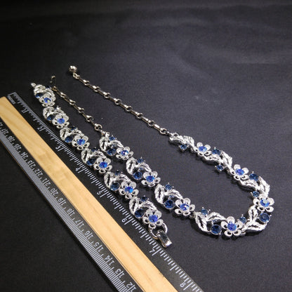 Lisner Blue Necklace & Bracelet Set, Rhodium Plated, Aurora Borealis, 1960s Vintage Jewelry