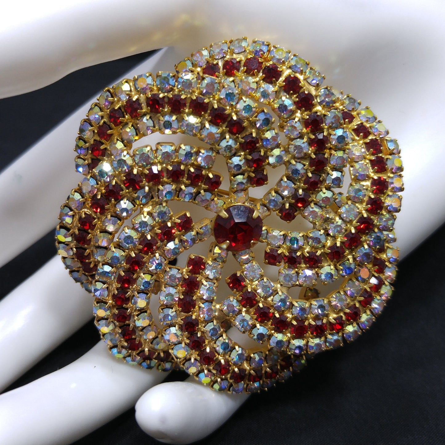 Vintage Pinwheel Rhinestones Brooch, AB Clear Red Rhinestones, Gold Plated, 1960s