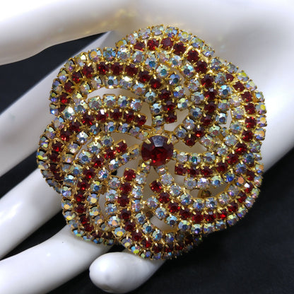 Vintage Pinwheel Rhinestones Brooch, AB Clear Red Rhinestones, Gold Plated, 1960s