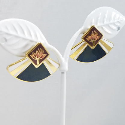 Vintage Laurel Burch WATER LILY Fan Gold Cloisonne Earrings, Gold Filled Posts