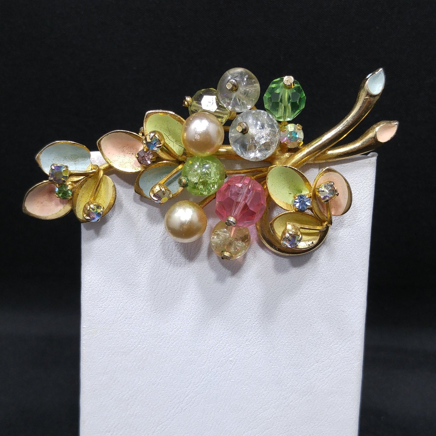 Kramer Made in Austria Floral Brooch, Rhinestones & Enamel Pastels 1950s Vintage