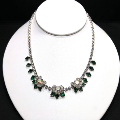 Vintage Green Clear Rhinestone Choker Necklace, Aurora Borealis, Rhodium Plated, 1960s Vintage Jewelry