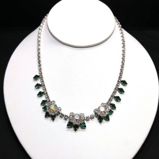 Vintage Green Clear Rhinestone Choker Necklace, Aurora Borealis, Rhodium Plated, 1960s Vintage Jewelry