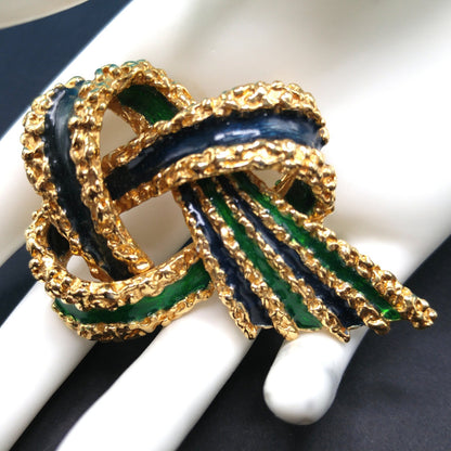 Vintage CINER Brutalist Green Enamel Brooch, Two Tone Green Enamel, Gold Plated