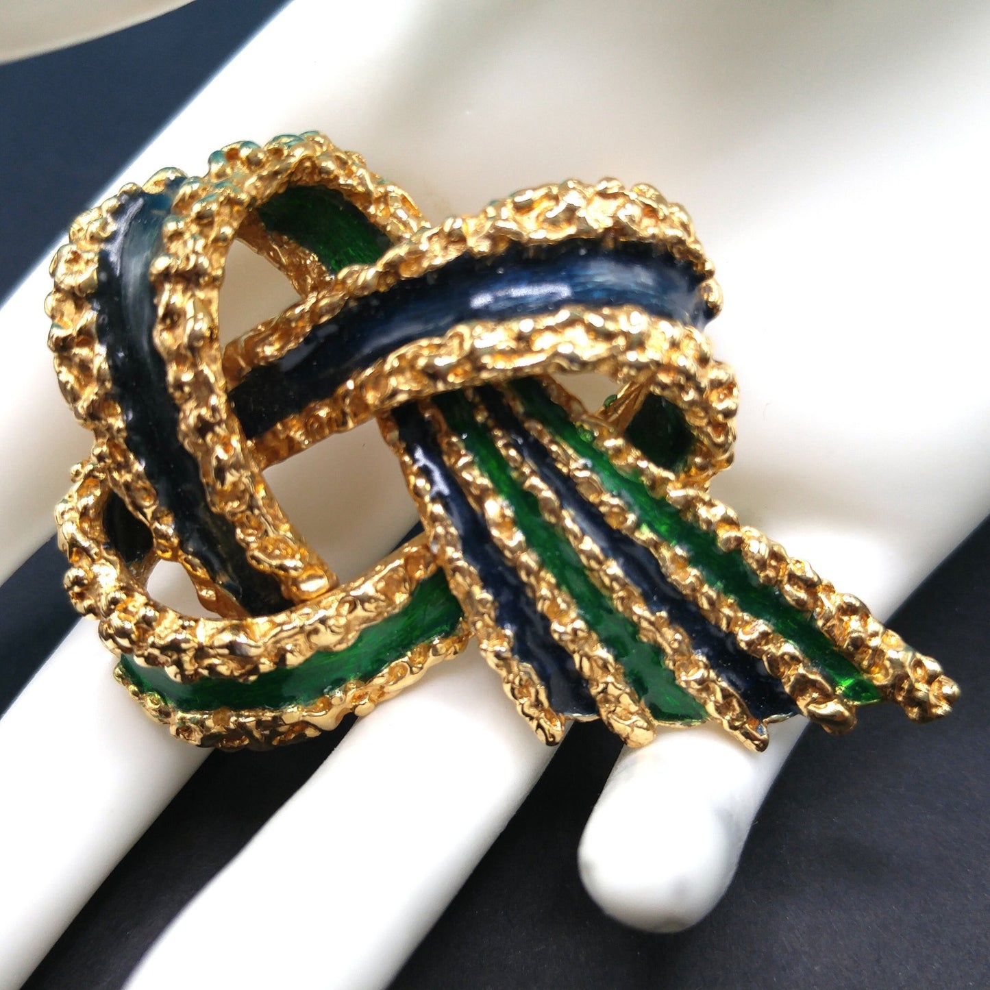 Vintage Ciner Blue Green Enamel Ribbon Brooch Textured Gold Signed 1960s