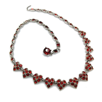 Vintage Bogoff Heart Red Rhinestone Choker Necklace, Rhodium Plated, 1950s