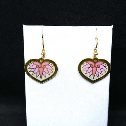 Vintage Laurel Burch Hollyhock Floral Earrings, Gold Plated, Pink Green White