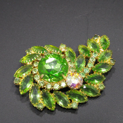 Peridot Green Floral Spray Brooch, Large Green Rhinestone, 1960s Vintage Jewelry