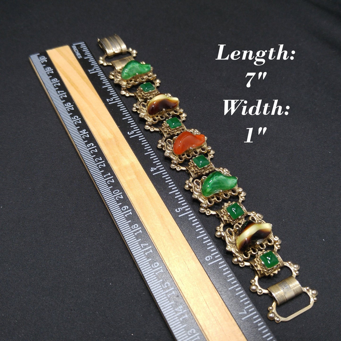 Vintage Book Chain Glass Links Bracelet, Green Red Brown White Glass, 1950s Vintage Jewelry