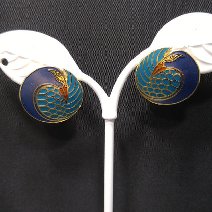 Laurel Burch "Mynah Bird" Blue Post Earrings, Gold Plated Cloisonné, 1980s