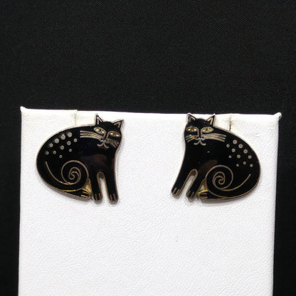 Vintage Laurel Burch "Keshire Cat" Black Post Earrings, Gold Plated