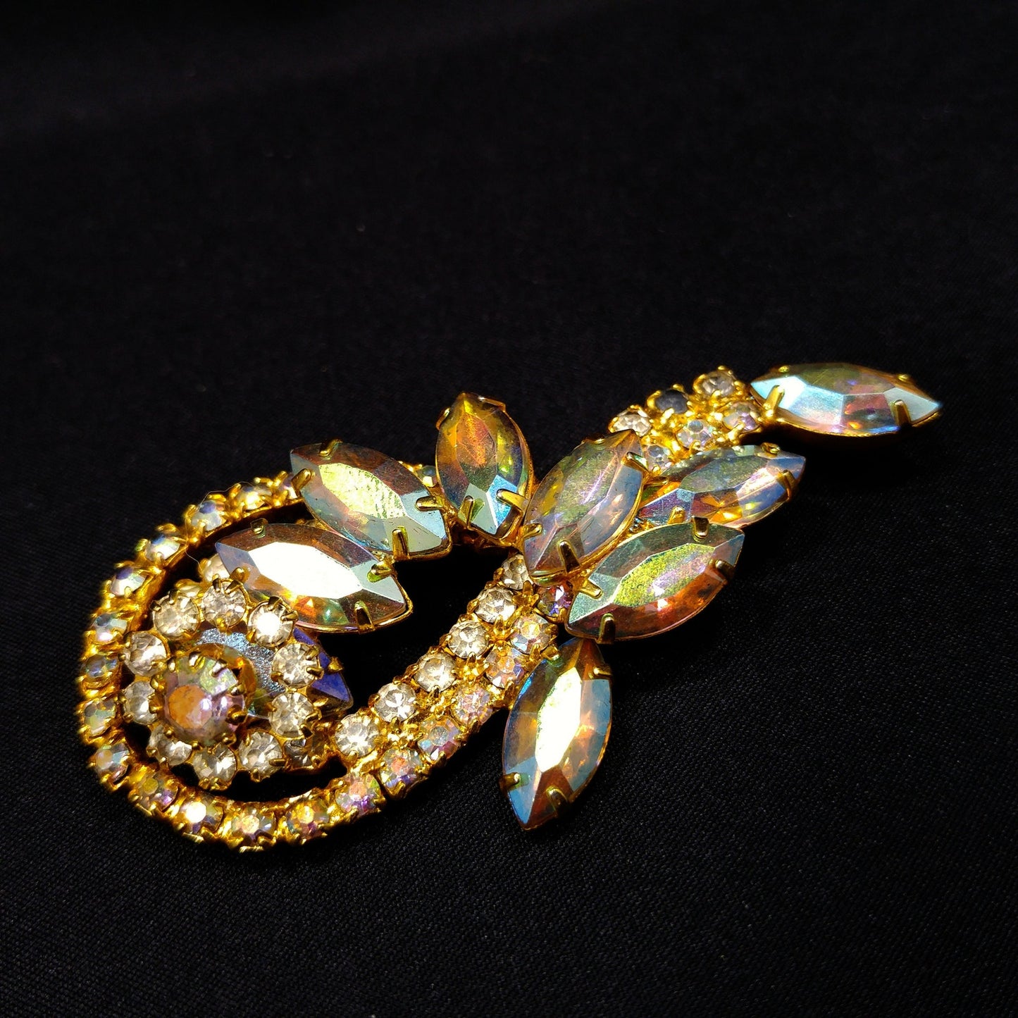 Mid Century Aurora Borealis Rhinestones Floral Wide Brooch, Gold Plated, 1960s Vintage Jewelry