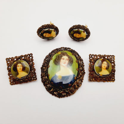 West Germany Vintage Brooch Earrings Twin Pins Set, Portrait Transfer Glass Gold Tone