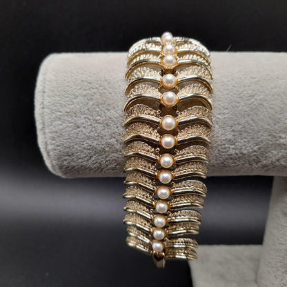 Vintage Kramer Wide Bracelet, Faux Pearls, Gold Plated, 1960s Jewelry