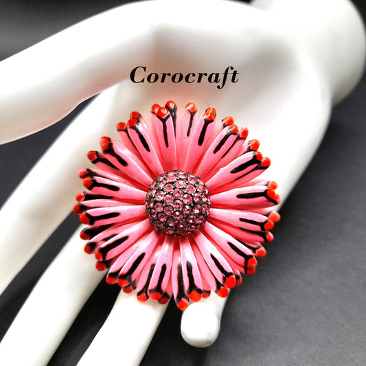 Corocraft Pink Enamel Flower Brooch, Dome Rhinestone Center, 1950s Vintage Jewelry