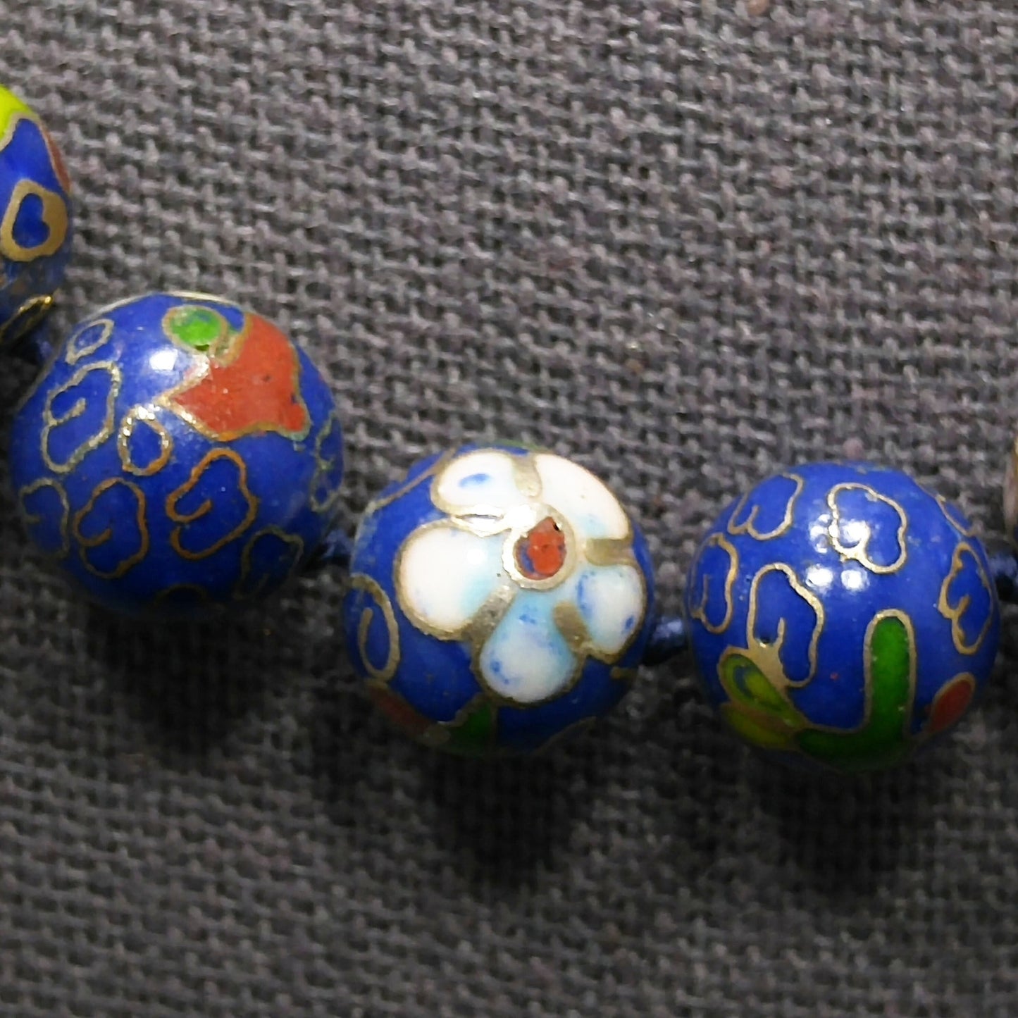 Cloisonne Blue Beaded Necklace, Floral Hand Painted Beads, 1960s Vintage Jewelry
