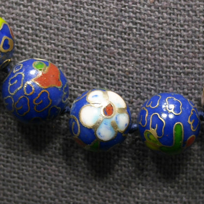 Cloisonne Blue Beaded Necklace, Floral Hand Painted Beads, 1960s Vintage Jewelry