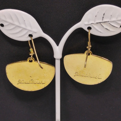 Vintage Laurel Burch Fan Earrings, Gold Plated, Lavender Enamel