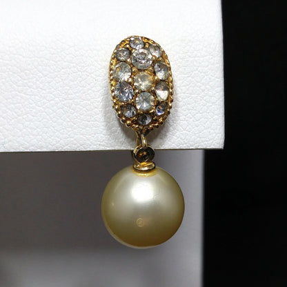 Ciner Faux Pearl Dangle Clip Earrings, Clear Rhinestones, Gold Plated, 1970s Vintage