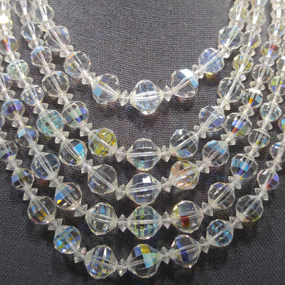 Laguna AB Crystal Beaded Necklace, Five Strands, Aurora Borealis Beads, 1950s