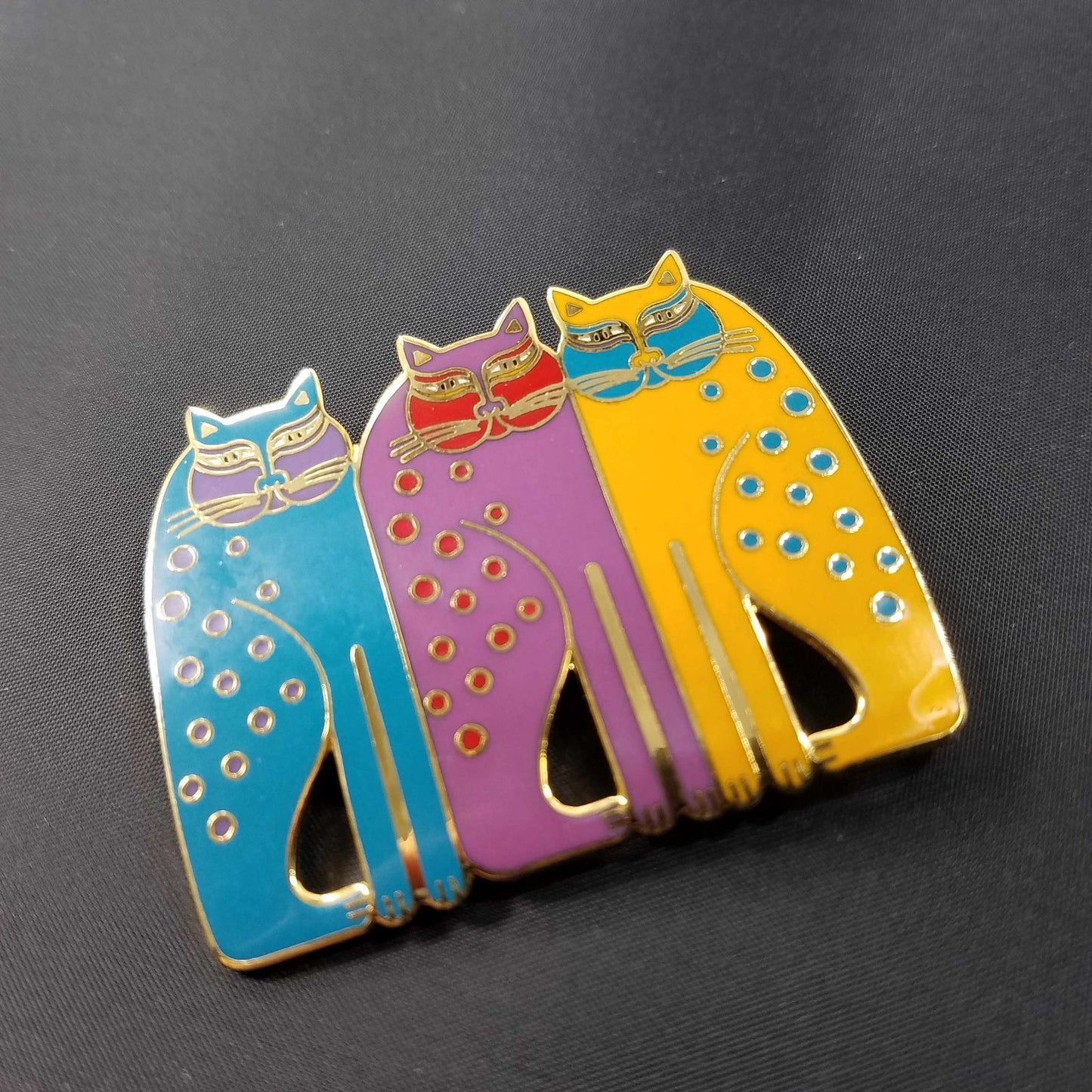 Vintage Laurel Burch Siamese Cats Cloisonné Enamel Gold Brooch Pin 1980s Jewelry
