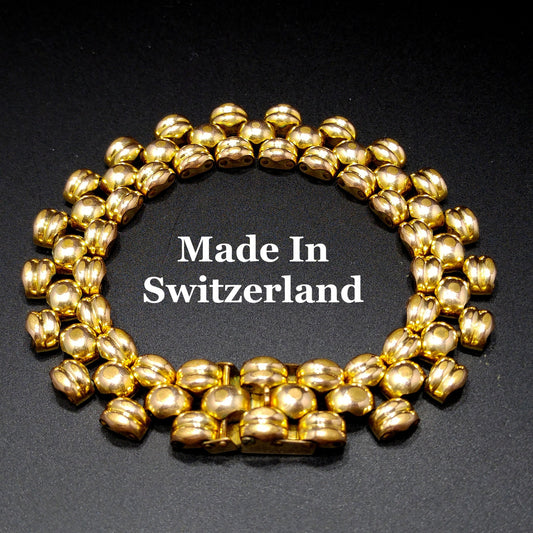 Switzerland Gold Bonded Link Bracelet, Plaque Orl, 2C Microns, 1960s Vintage Jewelry