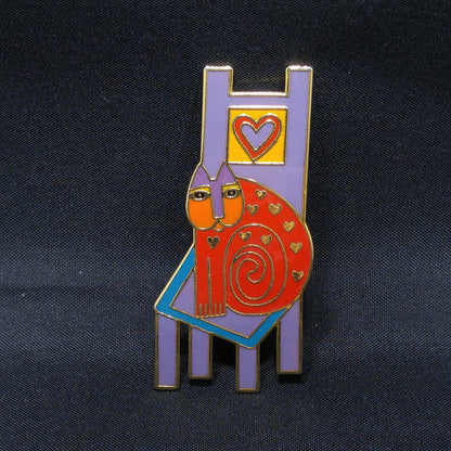 Laurel Burch "Cat On Chair" Brooch, Gold Plated, 1980s Vintage Jewelry