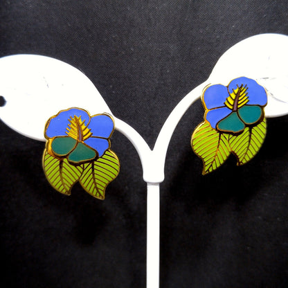 Vintage Laurel Burch Blue Green "Hibiscus" Post Earrings, Gold Plated
