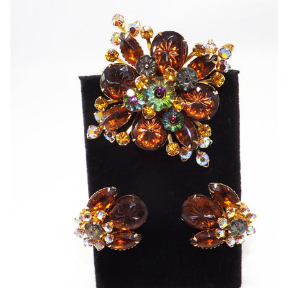 Vintage Beau Jewels Root Beer Molded Glass Watermelon Rhinestone Brooch Set