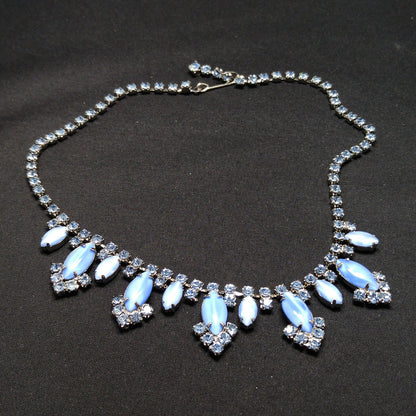 Blue Art Glass Rhinestone Necklace, Rhodium Plated, 1960s Vintage Jewelry