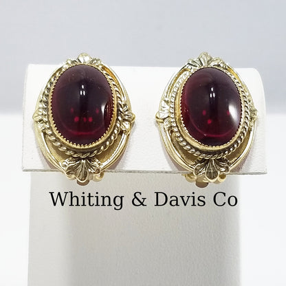 Vintage Whiting & Davis Co Red Gold Clip Earrings 1960s Gold Tone, Red Cabochon