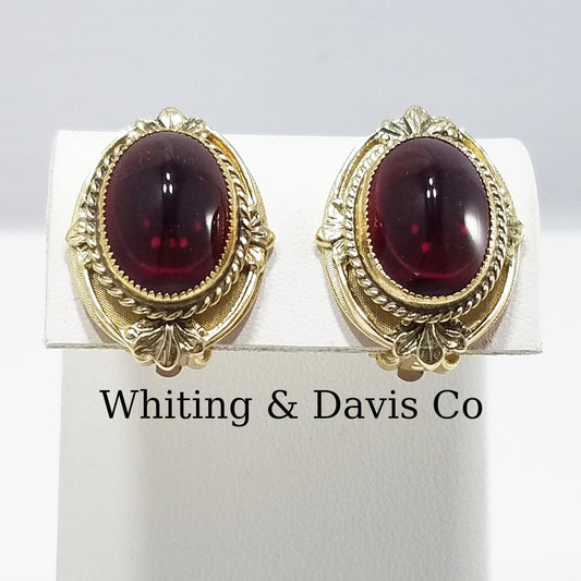 Vintage Whiting & Davis Co Red Gold Clip Earrings 1960s Gold Tone, Red Cabochon