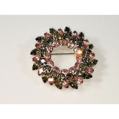 Vintage Sherman Pink Grey Wreath Rhinestone Brooch, Rhodium Plated, 1950s