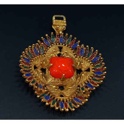 Vintage Castlecliff Pendant Orange Art Glass Gold Enamel Large Statement Jewelry