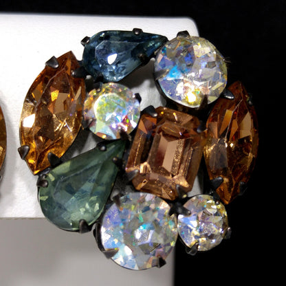 Weiss Blue Green Topaz Rhinestone Earrings, Clip Antique Gold Plate, 1950s Vintage
