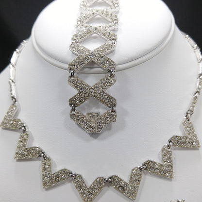 Bogoff Rhinestone Jewelry Set, Rhodium Plated Necklace Bracelet Screw Back Earrings, 1950s
