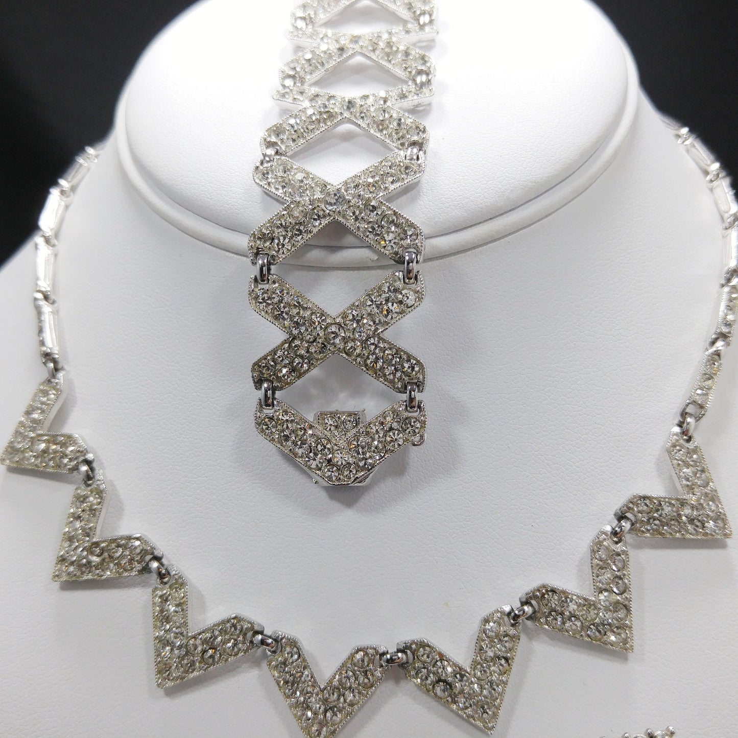 Vintage Bogoff Rhinestone Necklace Bracelet Earrings Set 1950s Rhodium Parure