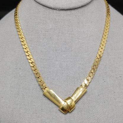Monet Herringbone Chain Necklace, Gold Plated, V Pendant, 1980s Vintage Jewelry