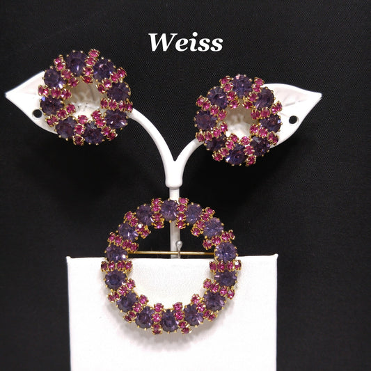 Weiss Pink and Lavender Rhinestone Wreath Brooch and Earrings Set – 1950s Gold Plated