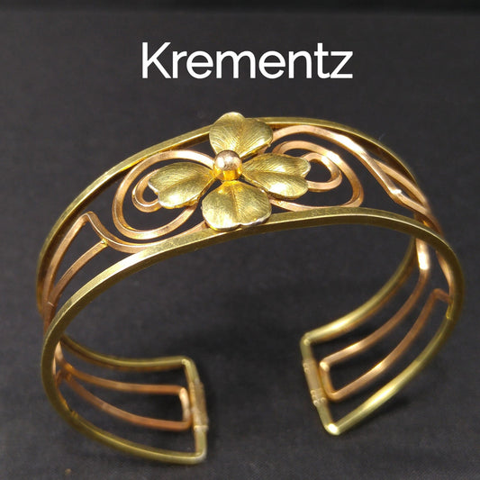 Krementz 14K Rolled Gold Overlay Cuff Bracelet, Openwork Gold Clover Center, Signed Krementz, 1960s Vintage Jewelry