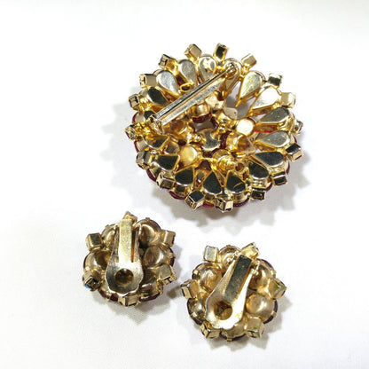 Red Rhinestone Aurora Borealis Brooch Earrings Set, Gold Plated, 1960s Vintage Jewelry