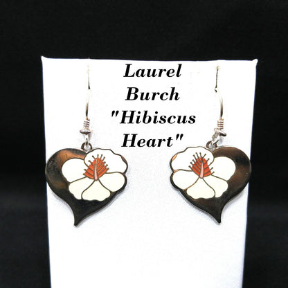 Vintage Laurel Burch "Hibiscus Heart" Earrings, Enamel Rhodium Plated